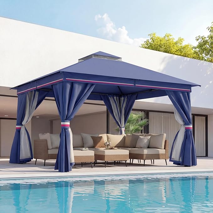 LAUSAINT HOME 10x13ft Outdoor Patio Gazebo with Double Roof, Heavy Duty Waterproof Gazebo Canopy Tent with Mosquito Netting for Backyard, Garden, Lawn & Wedding, Classic Blue