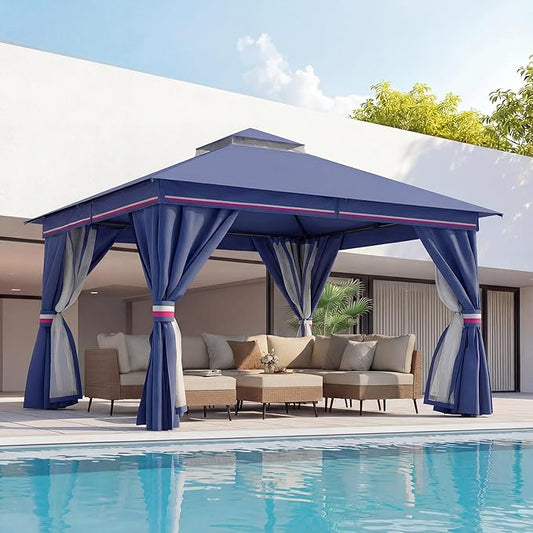 LAUSAINT HOME 10x13ft Outdoor Patio Gazebo with Double Roof, Heavy Duty Waterproof Gazebo Canopy Tent with Mosquito Netting for Backyard, Garden, Lawn & Wedding, Classic Blue