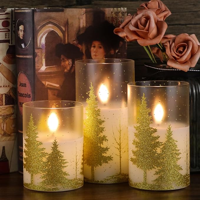 Wondise Glass Flickering Flameless Candles with Remote and Timer, Battery Operated 3D Wick LED Candles Christmas Tree for Christmas Holiday Home Decoration, Set of 3(D3 x H4,5,6 Inch)
