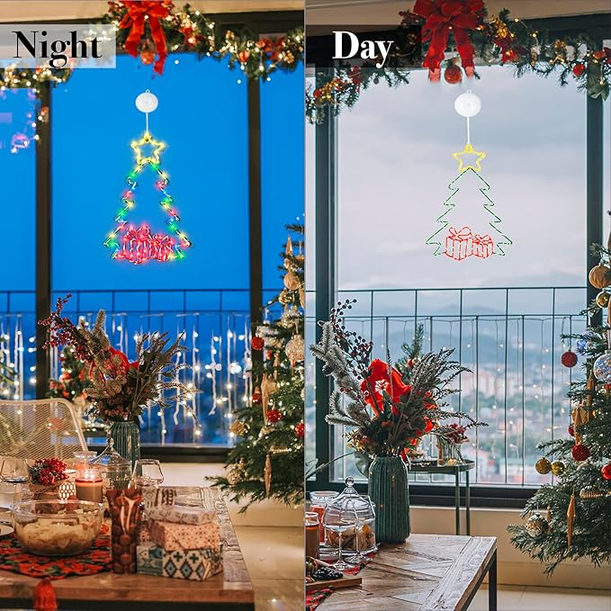 2Packs 14in Christmas Decorations Tree LED Lights with Timer, Battery Operated Christmas Tree Window Silhouette Lights Decorations, Christmas Wall Window Hanging Lights for Indoor Outdoor