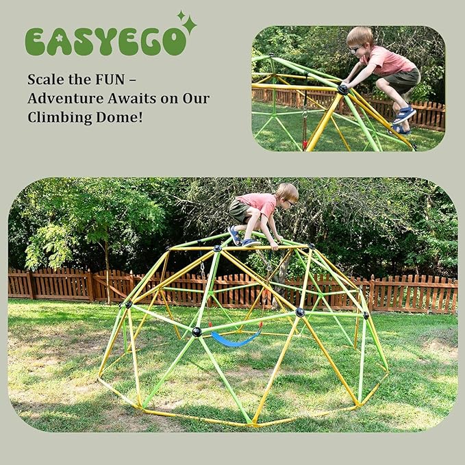 Easyego Climbing Dome, 10FT Jungle Gym with Swing for Kids 3 to 10 Outdoor Play Equipment, Supports 800lbs Toddler Play Set, Anti-Rust & Easy Assembly, Gift for Boys Girls (Green & Yellow)