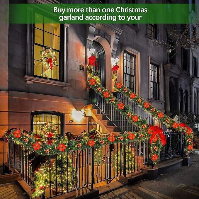 Christmas Garland,Christmas Garland with Lights,Xmas Decor,9 ft Rattan Artificial Flower Vine Plants Xmas Decorations for Indoor Outdoor Home Mantel Fireplace Stairs