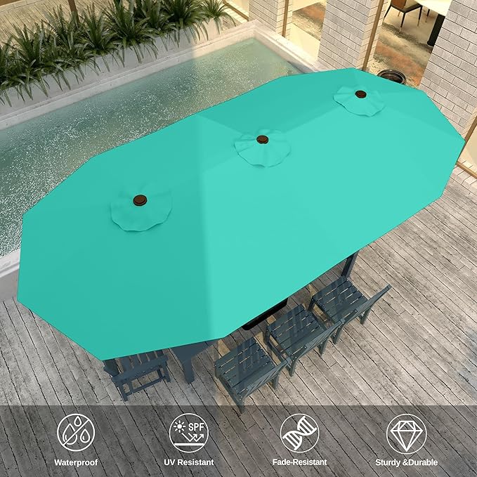 13FT Double-Sided Patio Umbrella with 48 Solar LED Lights, Large Rectangular Outdoor Market Umbrella with Crank Handle, Vented Canopy, Heavy-Duty 12 Rib Steel Frame, for Backyard, Garden, Pool, Turquoise Blue