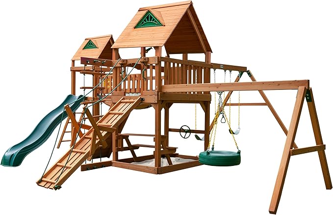 Gorilla Playsets 01-0006-AP Pioneer Peak Wood Swing Set with Wood Roof, Tire Swing, Clatter Bridge and Tower, Ramp, Slide, Two Swings, Amber