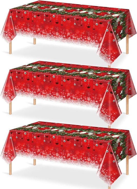 Jectivs 3Pieces Merry Christmas Tablecloth Plastic Christmas Tree Ball Table Cover Rectangle Winter Snowflake Tablecloth for Merry Christmas Holiday New Year Eve Party Decorations Supplies,54x108inch