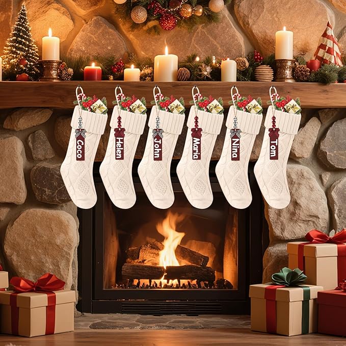 Christmas Stockings 18 Inches,Long Knitted Stocking with Name Tags, Christmas Decoration Hanging Stockings Fireplace Xmas Tree Ornaments for Home Family