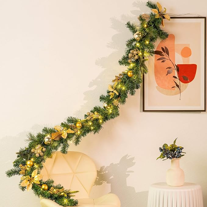 YULETIME 6 Feet Lighted Christmas Garland, Battery Operated with 20 Fairy Lights Artificial Garland, Golden Baubles, Berries, Poinsettia, Spruce Branches, Pine Needles