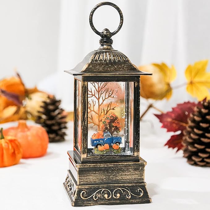 Fall Snow Globe Lantern, Thanksgiving Lighted Lantern, Swirling Glitter Snow Globe for Fall Harvest Day Decorations, Home Fall Decor, Halloween (Truck&Pumpkins)