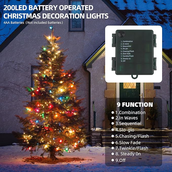 XTF2015 Christmas Lights 66ft 200 LED String Lights Timer Memory Function USB or Batter y Powered Waterproof String Light for Indoor Outdoor Decoration (Multicolor)