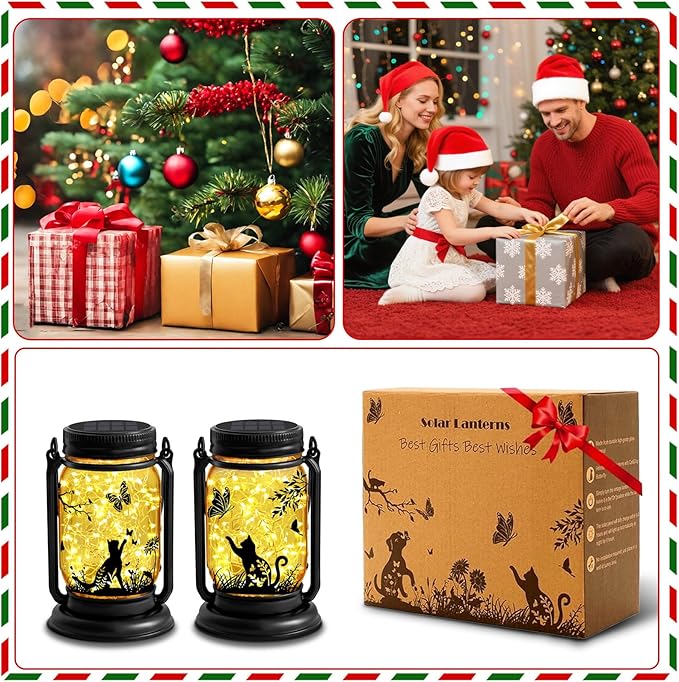 2 Pack Cat Solar Lanterns, Outdoor Hanging Solar Lantern with Stake, Christmas Birthday Gifts for Mom, Grandma,Women,Black Cat Butterfly Vintage Glass Mason Jar Waterproof Lights for Yard Garden Decor