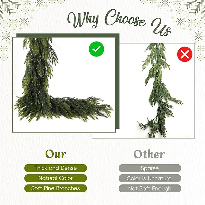 N&T NIETING 6FT Christmas Norfolk Pine Garland Real Touch Pine Artificial Faux Greenery Garlands Winter Christmas Garland for Table Mantle Fireplace Holiday Indoor Outdoor Xmas Decorations (6 Pcs)