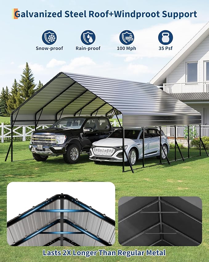 20'x25' Metal Carport, Heavy Duty Car Ports Kit for Trucks, Boats, RV, Tractor, Reinforced Frame with Anchors, Easy Assembly