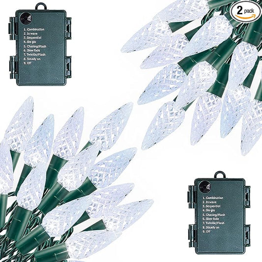 Dazzle Bright C6 2 Pack Total 100LED 34FT Battery Operated Christmas Lights, White Christmas Lights with 8 Modes, Waterproof Christmas Decorations for Xmas Indoor Outdoor Yard Tree House Decor