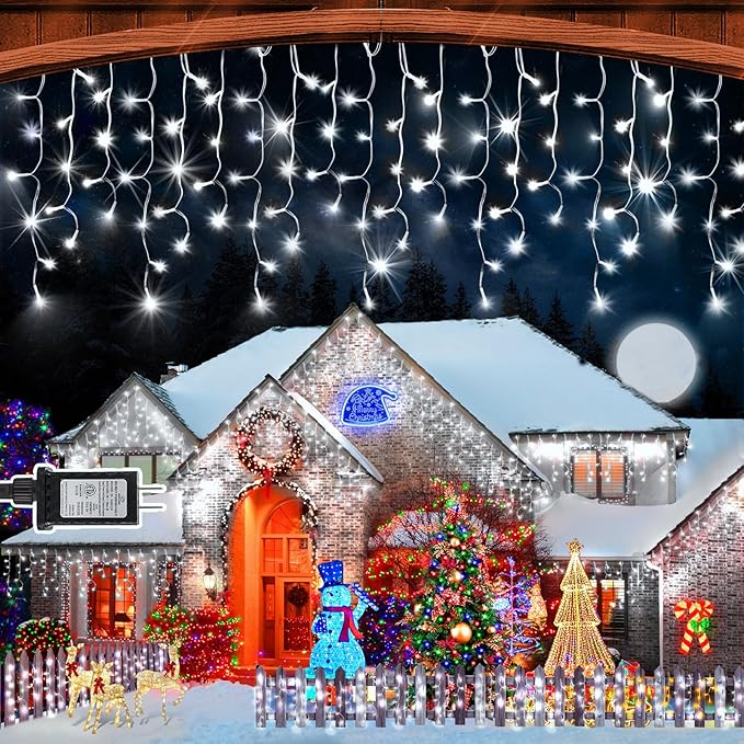 SAUIRS 100FT 960 LED Christmas Lights Outdoor Decorations with 180 Drops Timer 8Mode Curtaing String Lights Waterproof Fairy Lights for Indoor,Xmas,Party,Patio,Window,Fence,Trees Decor(Cold White)