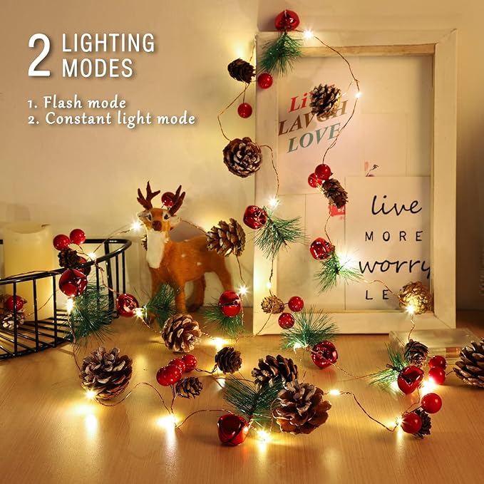 Christmas Garland with Lights 10 Feet 30 LED Bulbs Pinecones, Red Berries, Bells Decorative Lights Christmas Decorations Indoor Suitable for Home & Mantelpiece Decor Christmas Tree Decor