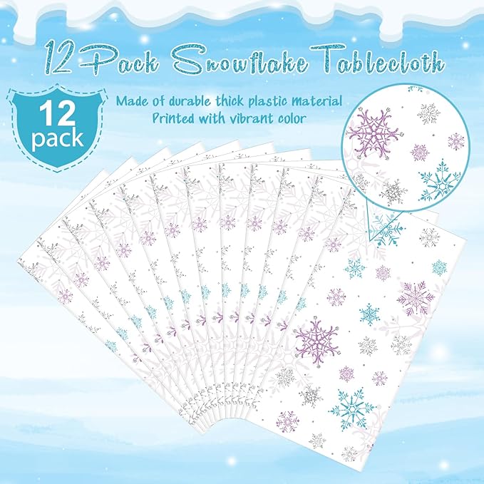 12 Pieces Christmas Snowflake Party Tablecloth Decorations,Plastic Purple and Blue Winter Wonderland Table Cover for Winter Christmas Birthday Holiday Party Decorations and Supplies,54x108 inch