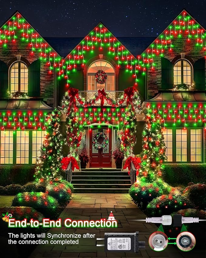 159 FT Christmas Lights Outdoor, 1458 LED Waterproof Outside Christmas Lights Plug in, Timer & Memory, 8 Modes Fairy Lights with 324 Drops for House Eaves Yard Patio Decorations, Red and Green