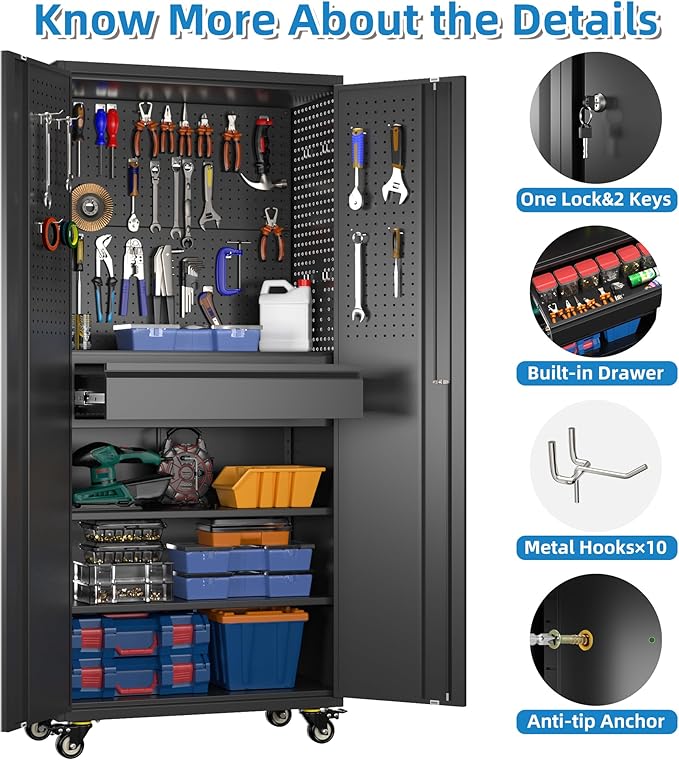 Aobabo 71 H Metal Storage Cabinet with Wheels with 5 Pegboards and 1 Drawer,Lockable Steel Tool Cabinet for Garage,Warehouse,Assembly Required,Black