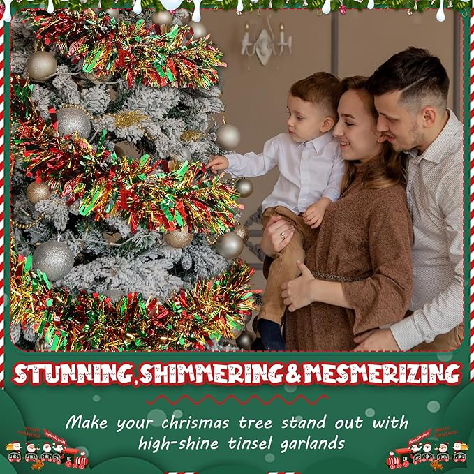 177 Feet Christmas Tinsel Garland Metallic Shiny Hanging Christmas Tree Tinsel Garland Ornaments for Indoor Outdoor Party Wedding Holiday(Red Green Gold)