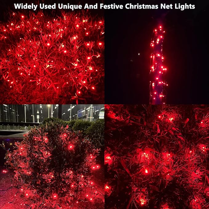 HISHINY LED Red Christmas Net Lights Outdoor,6ftx6ft 144LED Green Wire, Connectable Indoor Outdoor Bush Mesh Net Lights String for Halloween Christmas Party,Shrub,Yard,Tree（Red）