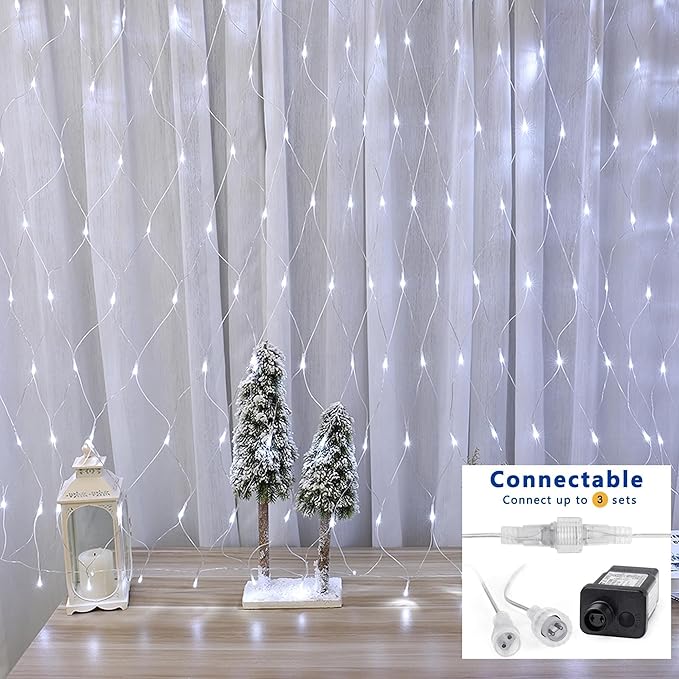 Joomer Christmas Net Lights - 12FT x 5FT 360 LED Plug-in Mesh Lights, Waterproof with 8 Modes, Timer, Connectable for Bushes, Trees, Garden, Outdoor Christmas Decor (Clear Wire, White)