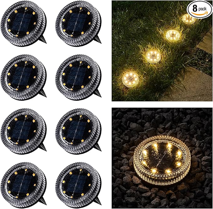 Glass Solar Pathway Lights with Wave Style, Modular-Design Waterproof In-Ground Light for Patio Pathway Lawn Yard Deck Walkway, Decorative Disk Lighting for Garden Bed, Warm White (8 Pack)