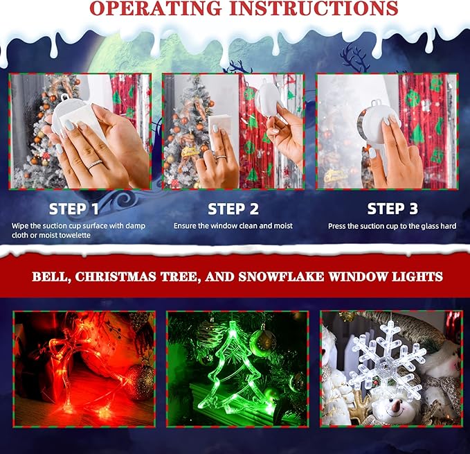 LOLStar Christmas Window Decorations,3 Pack Jingling Bell,Christmas Tree,Snowflake Christmas Window Lights with Suction Cup, Timer Function & Slow Fade Mode Battery Operated Indoor Lights