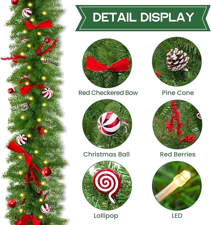 Christmas Garland with Lights, 8.9 Ft Real Touch Winter Pine Garland, Green Artificial Greenery Garland for Table, Table, Stairs, Door, Christmas Decor for Home Wedding Fireplace Party (One Pack)