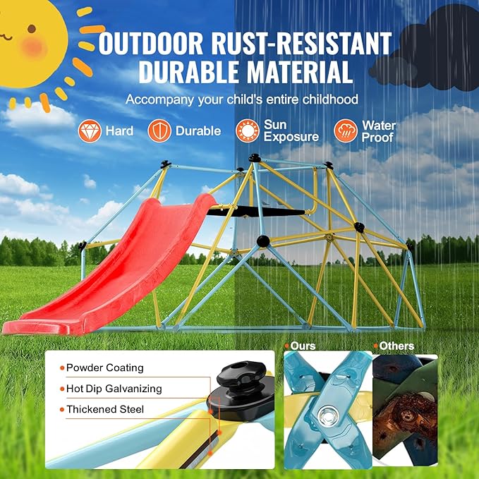 VEVOR Climbing Dome, 8FT Jungle Gym with Slide, Geometric Dome Climber Supports 600LBS and Easy Assembly for Kids 3 to 9 Years Old, with Climbing Grip, Outdoor and Indoor Play Equipment for Kids