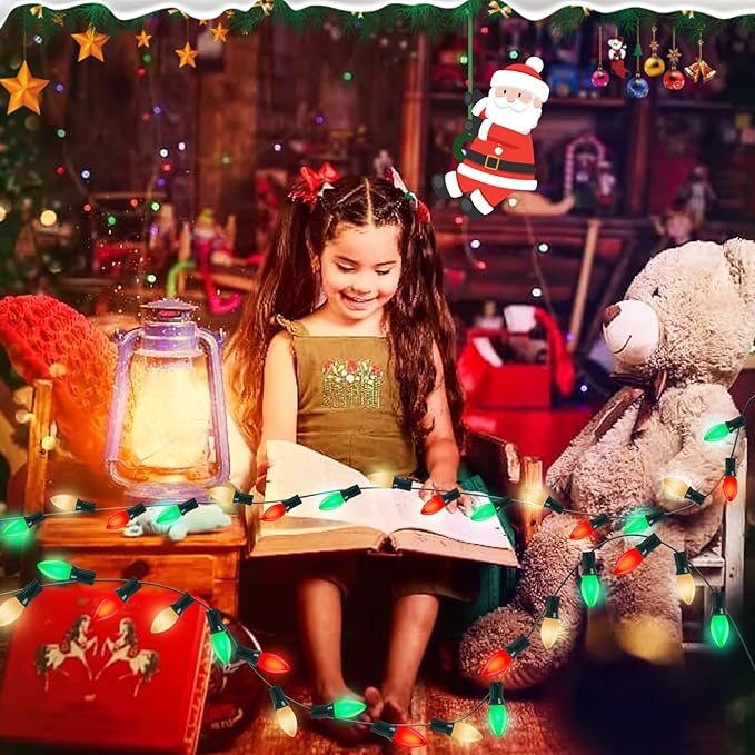 C9 Red White and Green Christmas Lights Outdoor, 25Ft Vintage Christmas String Lights with 26 Multicolor Ceramic Bulbs, Hanging Christmas Decorations Lights Waterproof for Holidays Roofline Party
