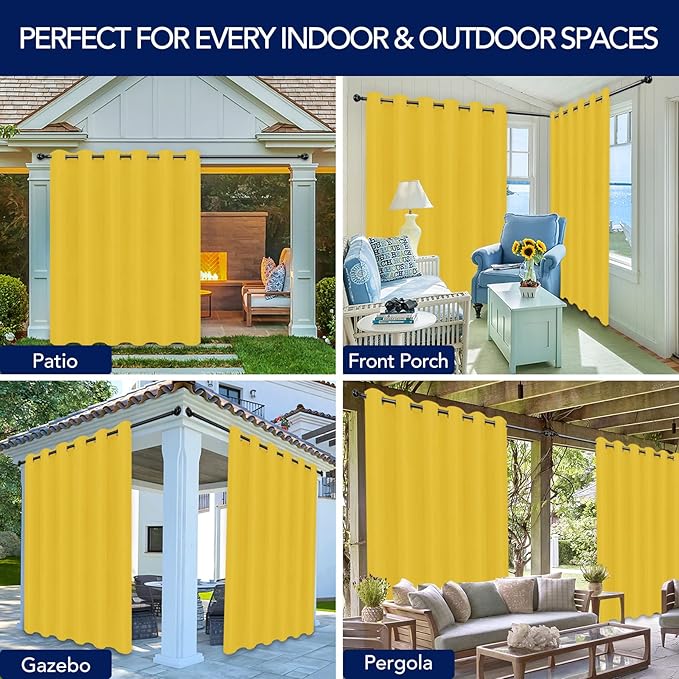 PureFit Outdoor Curtains for Patio Waterproof Weatherproof, UV and Fade Resistant Outside Curtains for Gazebo, Front Porch, Pergola, Sun Blocking Privacy Curtain, 100W x 108L inch, 1 Panel, Yellow