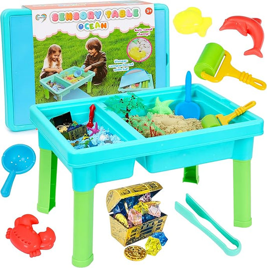 Ocean Sensory Table with Sands, Bin with Lid, Indoor Outdoor Use, Sand Art Kit for Boys and Girls, Toys for Toddlers Age 3-5, 17x11.5x10.2 Inches