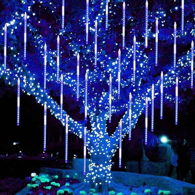Solar Meteor Shower Lights Outdoor Waterproof, Christmas Lights Solar Powered Decorations, 16 Tubes 384LED Icicle String Light, Falling Raindrop Light for Christmas Xmas Tree Party Garden Decor(Blue)