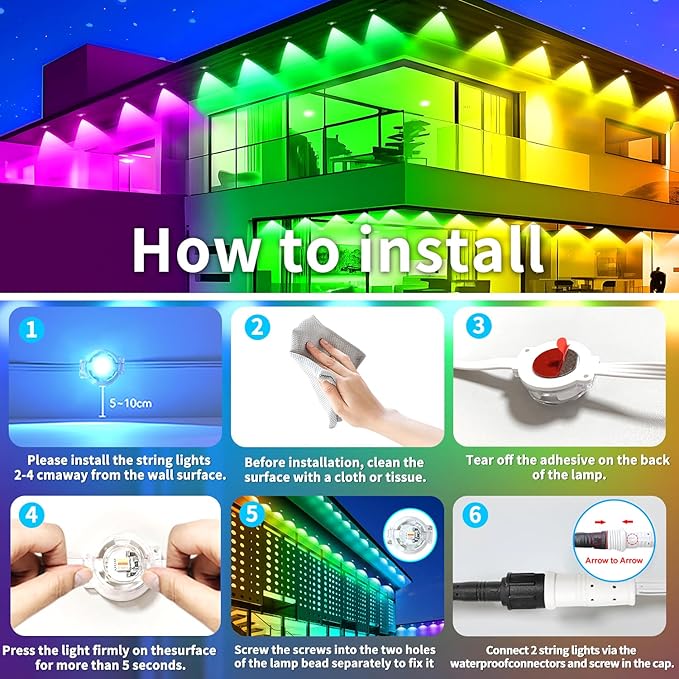 100ft Permanent Outdoor Light, RGB Smart Outdoor eave Lights with APP & Remote Control,timed Music synchronisation IP67 Waterproof LED eave Light,Suitable for Party,Halloween,Christmas,Rooftop,Garden