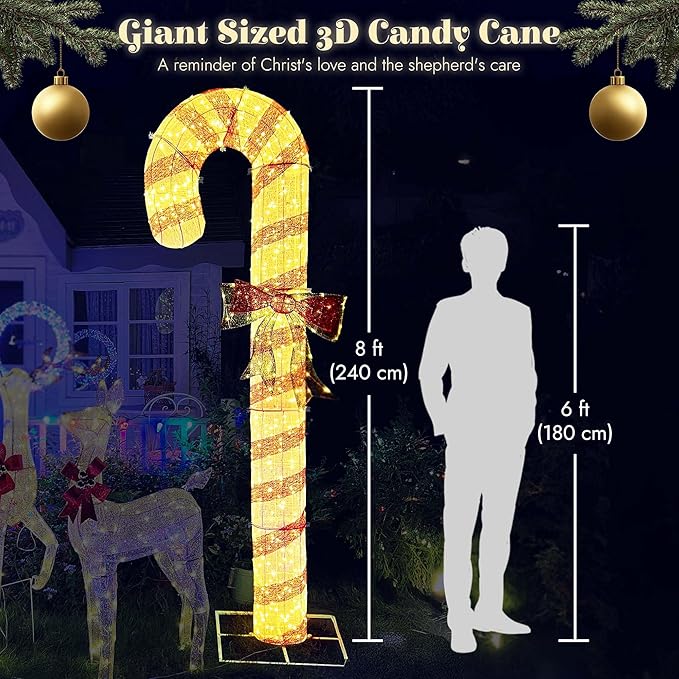 Yescom 8FT Pre-Lit 660LED Christmas Candy Cane Giant 3D Lighted Outdoor Yard Decorations with Timer Function, Xmas Holiday Display Outside Large Lighting Show
