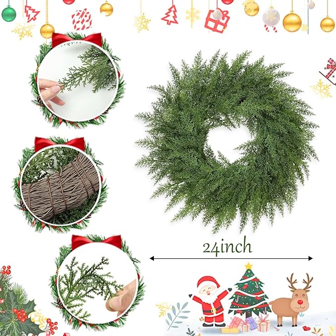 Lush Christmas Wreaths for Front Door Christmas Decorations 24 inch Real Touch Faux Cedar Wreath Winter Wreath Large Green Wreaths for Windows Outdoor Indoor Walls Home Xmas Holiday Decor
