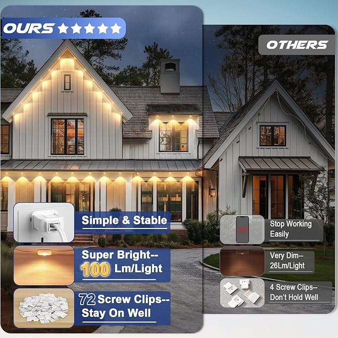 Brightever Permanent Outdoor Lights, Upgraded Warm White Outdoor Light 100FT with 72 LED Lighting, IP65 Waterproof Eaves Lights for Daily, Garden, TV Backlights, Christmas Decor, Dimmable