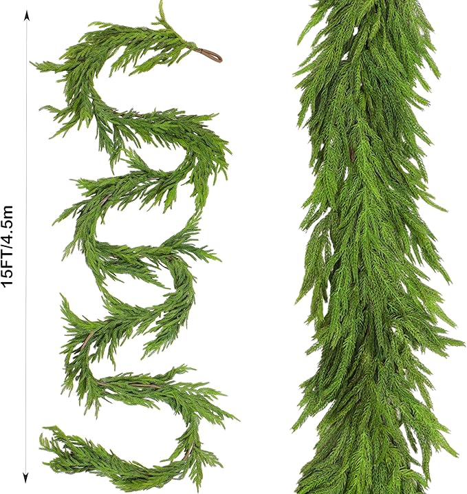 15FT Christmas Garland Real Touch Norfolk Pine Garland Winter Pine Garland for Mantle Stairs Railing Table Fireplace Wall Indoor Outdoor Holiday Xmas Decor Decoration