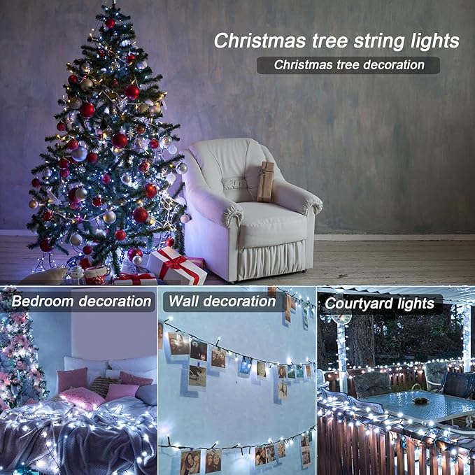 White String Lights Outdoor, 2 Packs of 36ft 100LED Battery Stringlights with Remote and Timer, Dimmable Led Christmas Lights Indoor, Twinkle Christmas Tree Lights Outdoor, Xmas Lights Decor