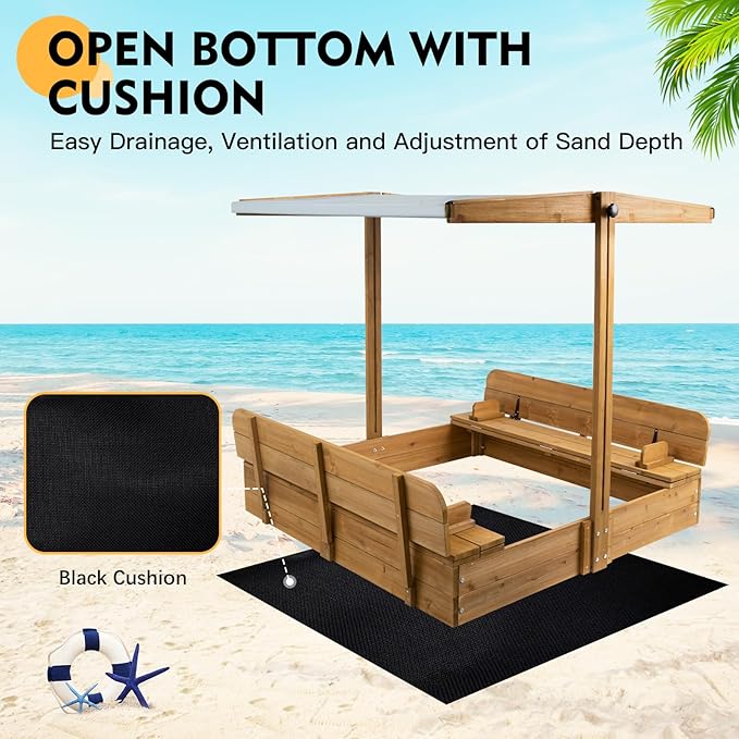 Wooden Kids Sandbox with Lid, Outdoor Sand Box with Adjustable Canopy and Two Foldable Bench Seats, Sandbox with Cover for Beach, Backyard, Bottom Liner & UV-Resistant, Gift for Kids Age 2-8, 47''