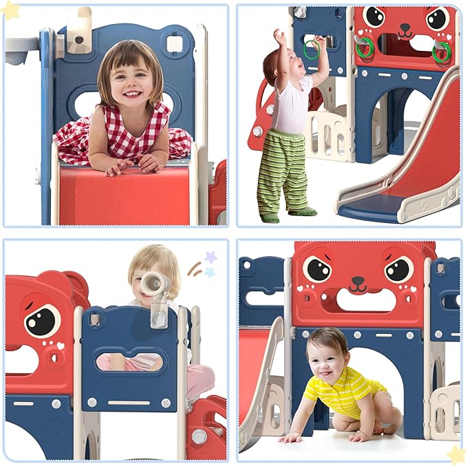 9-in-1 Toddler Slide and Climber Playset Freestanding Indoor Outdoor Kids Slide for Age 1-8, Backyard Playground with Basketball Hoop,Telescope,Storage Space