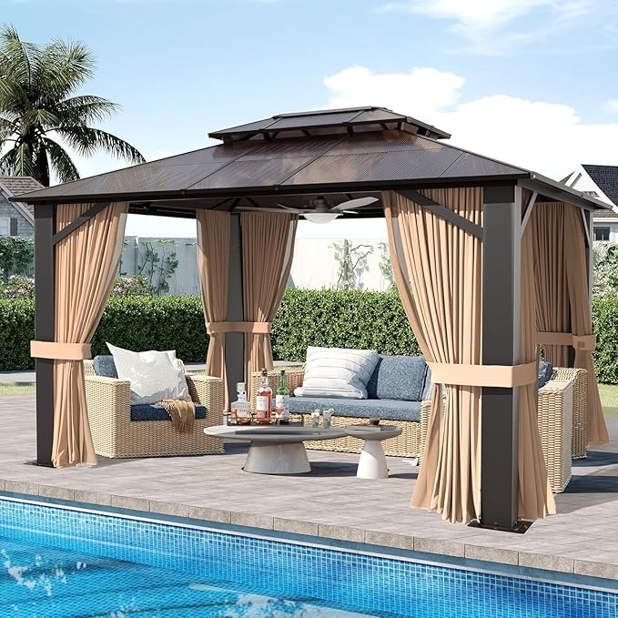 10x12 Hardtop Gazebo with Curtains & Netting, Double Roof Polycarbonate Canopy, Heavy-Duty Aluminum Frame Pergola for Patio, Garden, Deck – All-Weather UV & Rust Resistant