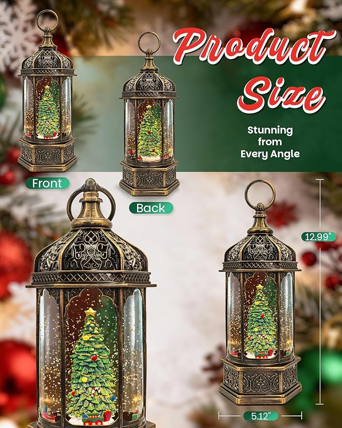 Christmas Snow Globes Light up Lantern with 8 Songs, 13" Christmas Tree & Rotating Train Snow Globe for Kids Adults, 6H Timer & Dual Power, Snowglobes Christmas Decorations Indoor Gifts for Women Men
