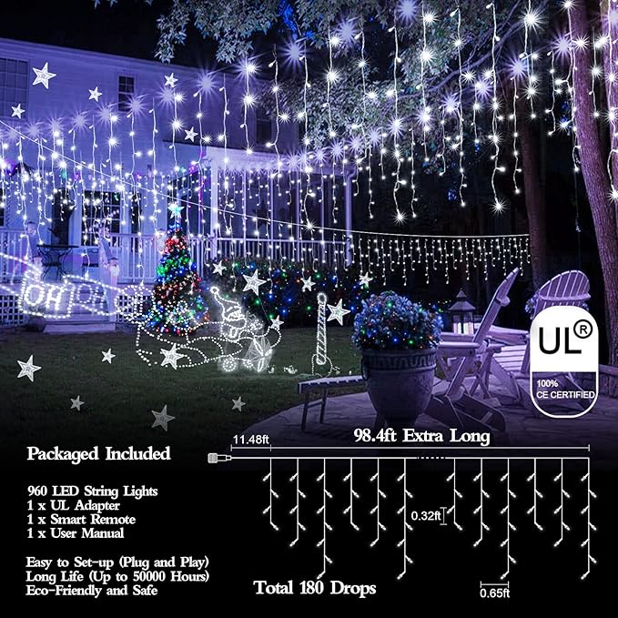 98FT 960 LED Christmas Lights, Waterproof 8 Modes Ice Lights for Outside with Memory and Timer Hanging Fairy Lights Plug-in Curtain String Lights for Holiday Party Wedding Home (Cool White)
