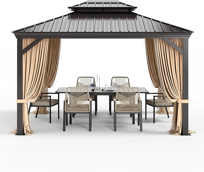 10'x12' Hardtop Aluminum Gazebo, Permanent Outdoor Canopy with Galvanized Steel Double Roof Heavy Duty Pavilion with Curtains and Netting for Garden Patio Lawn Deck