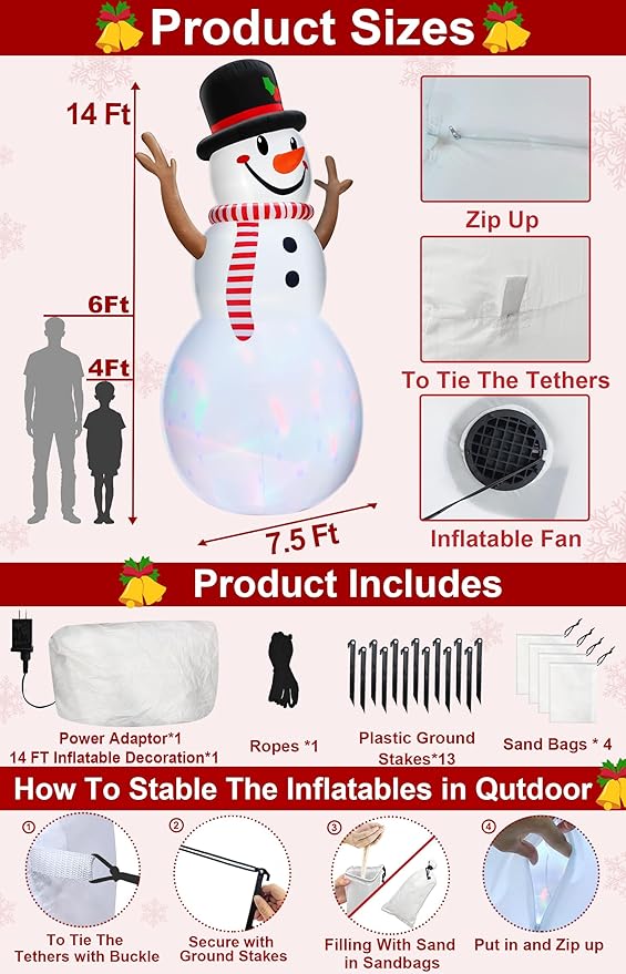 14 Ft Huge Christmas Inflatable Snowman with Rotating Colorful Lights Hat & Scarf Christmas Decorations Outdoor with Build-in LED Lights Xmas Blow Up Yard Decor for Lawn Garden Holiday