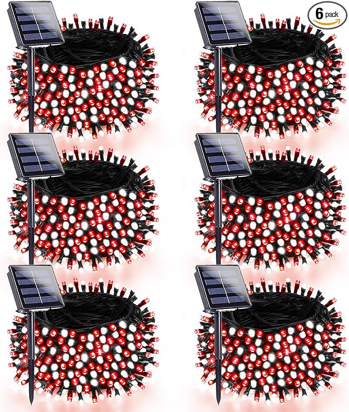 6 Pack 270FT Solar Christmas Lights Outdoor Waterproof, Super Bright 480 LED Solar String Lights with 8 Lighting Modes, Green Wire Solar Twinkle Tree Lights for Outside Xmas Party (Red and White)