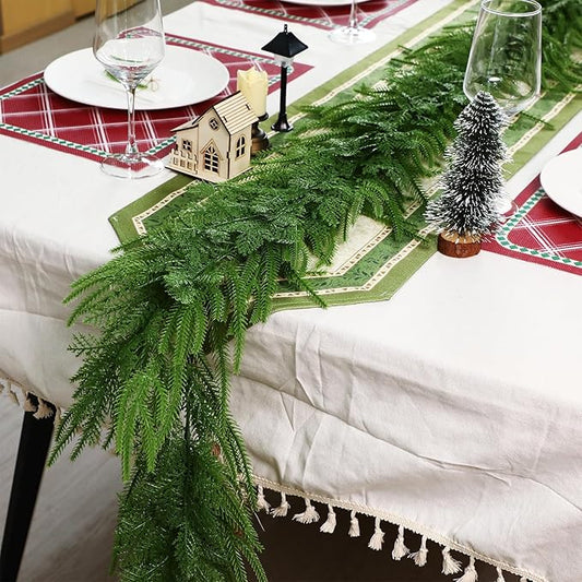 2 Pcs 6 Ft Artificial Norfolk Cedar Pine Garlands, Real Touch Winter Pine Garland, Green Artificial Greenery Garland for Table, Mantle, Wall, Indoor, Outdoor Christmas Decorations