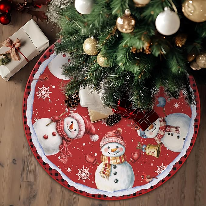 48 Inch Snowman Christmas Tree Skirt – Holiday Tree Mat for 6 to 7.5 Ft Trees, Durable & Soft Christmas Decorations for Home, Living Room, Party, Winter Holiday Decor