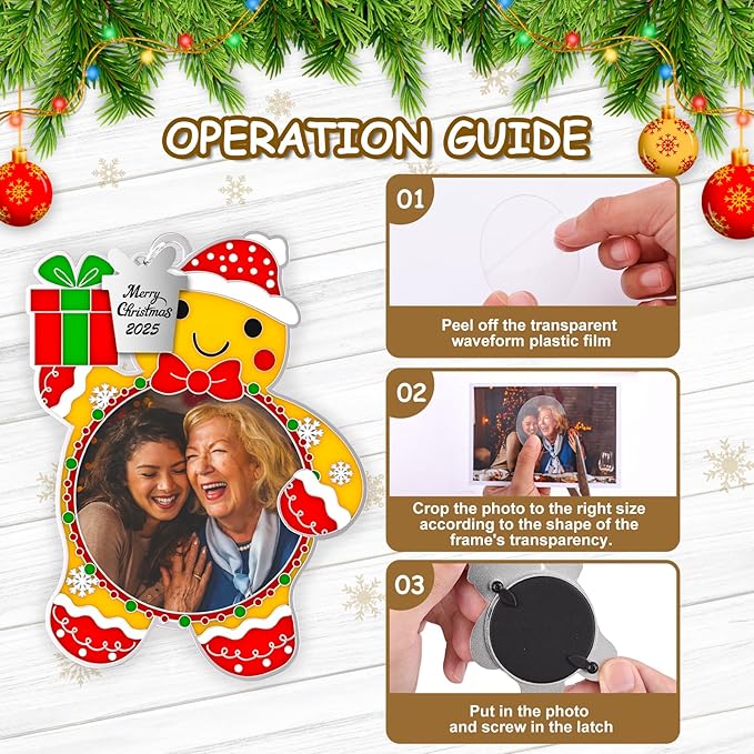 MGparty 3 Pack Christmas Picture Frame Ornaments Xmas Metal Hanging Photo Frame with Pendants 2025 Holiday Keepsake Gifts Christmas Tree Decorations